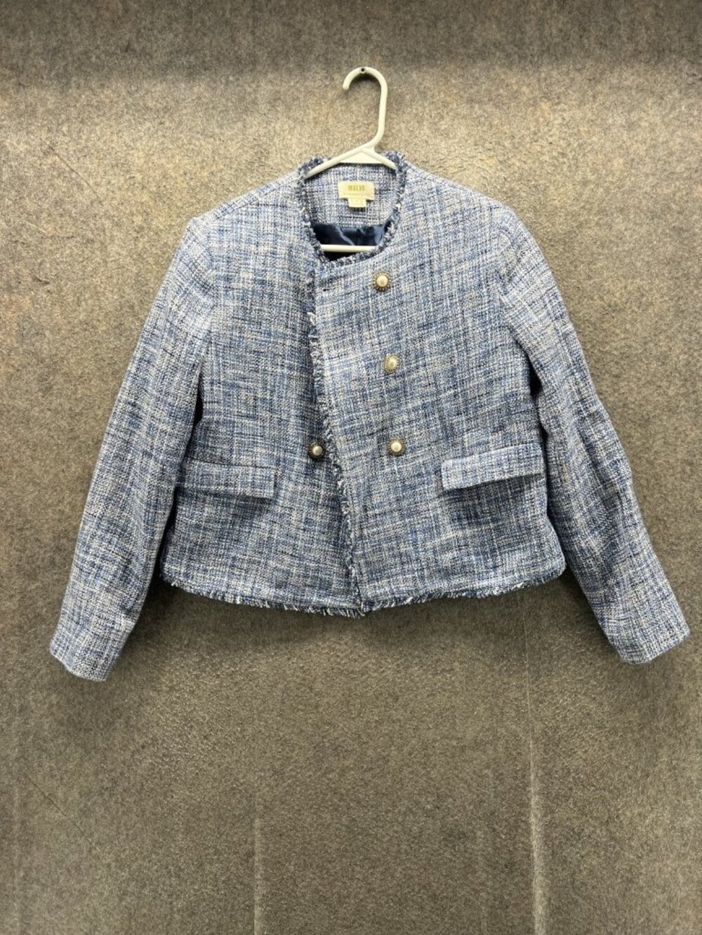 Maeve By Anthropologie Blazer Women 8 Blue Tweed Plaid Fringe Lined Jacket